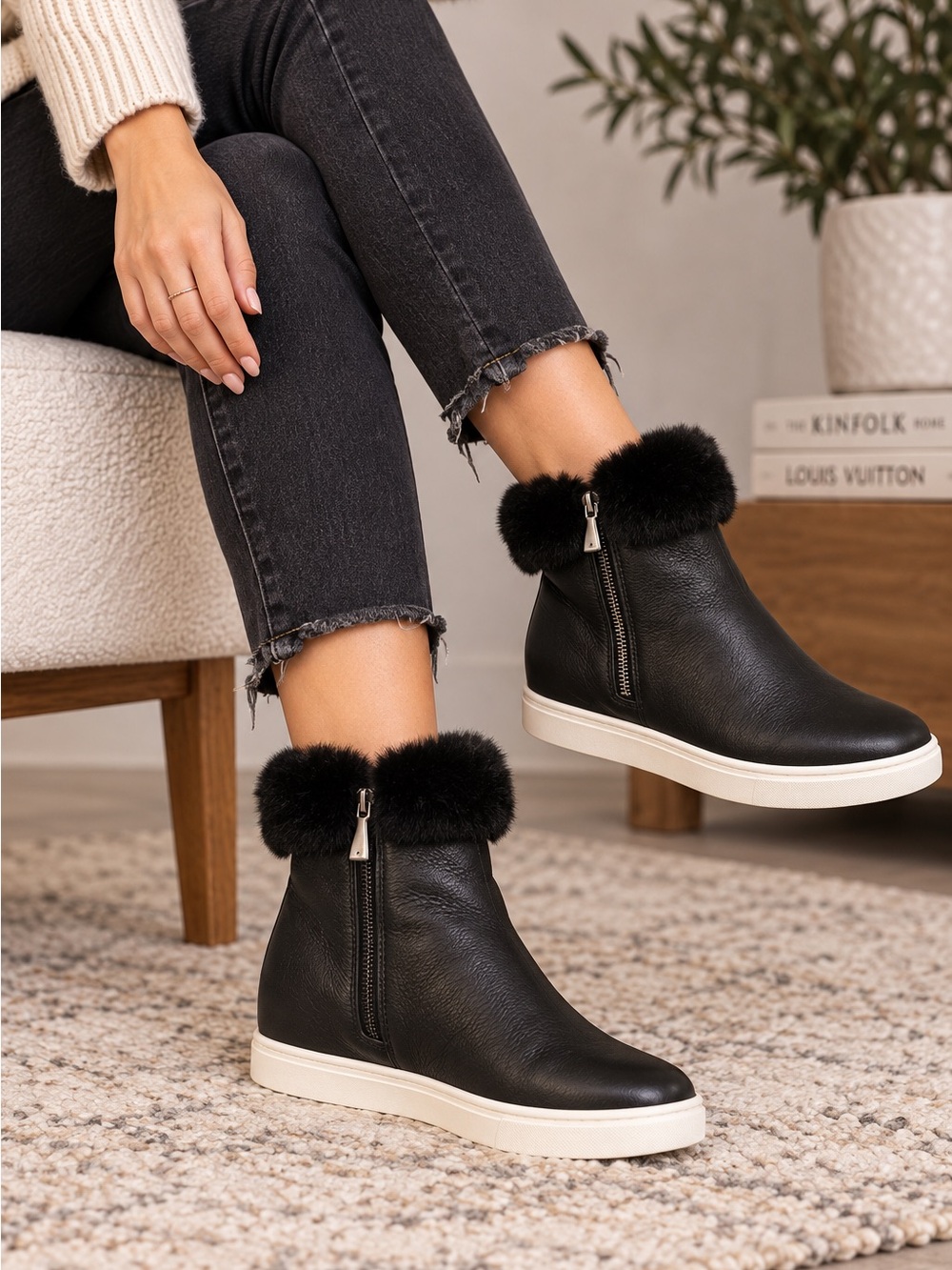 Faux Fur-Trim Black Wedge Ankle Bootie/Winter Weather Ready/Cozy